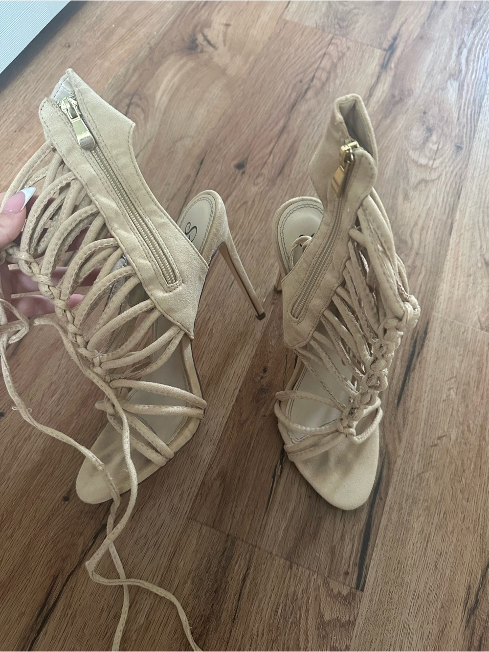 Women’s Strappy Lace-Up Heeled Sandals in Beige
